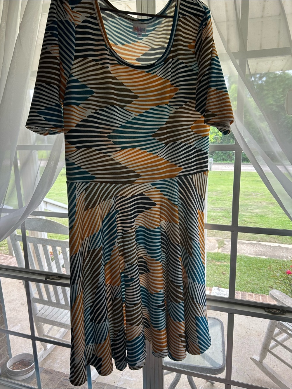 LuLaRoe Striped Geometric Mini Dress in Blue, Mustard, Brown, Black, White